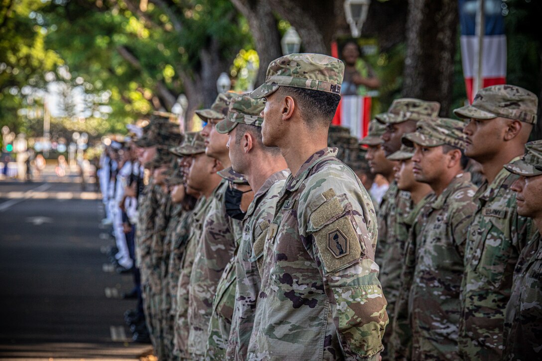 U.S. Army forces and French soldiers participate in a ceremony that commemorates the end of World War II operations in Europe, at Haut-commissariat de la République Tahiti, French Polynesia, May 8, 2022. The ceremony marked the beginning of Marara 22, a multinational exercise which enhances interoperability with allies and partners in the pacific region.