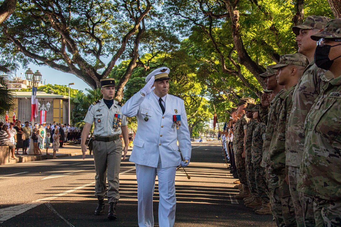 U.S. Army forces and French soldiers participate in a ceremony that commemorates the end of World War II operations in Europe, at Haut-commissariat de la République Tahiti, French Polynesia, May 8, 2022. The ceremony marked the beginning of Marara 22, a multinational exercise which enhances interoperability with allies and partners in the pacific region.