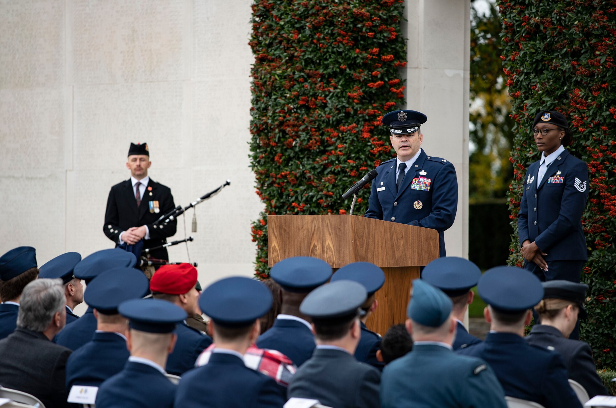 Col. Brian Filler, 501st Combat Support Wing commander, delivers remarks at Cambridge American Cemetery and Memorial in Cambridge