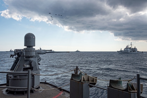 The U.S. Navy’s only forward-deployed aircraft carrier, USS Ronald Reagan (CVN 76), steams in formation with the Royal Australian Navy, the Indian Navy and the Japan Maritime Self-defense Force (JMSDF) during exercise Malabar, in the Philippine Sea, Nov. 11.