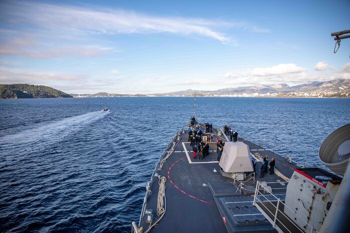 TOULON, France (Nov. 10, 2022) The Arleigh Burke-class guided-missile destroyer USS Roosevelt (DDG 80) arrives in Toulon, France, for a scheduled port visit, Nov. 10, 2022. Roosevelt is on a scheduled deployment in the U.S. Naval Forces Europe area of operations, employed by U.S. Sixth Fleet to defend U.S., allied and partner interests. (U.S. Navy photo by Mass Communication Specialist 2nd Class Danielle Baker/Released)