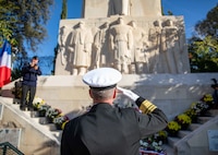 TOULON, France (Nov. 11, 2022) Vice Adm. Thomas Ishee, commander, U.S. Sixth Fleet, salutes after laying a wreath down in front of the war memorial in Toulon, France, during a wreath laying ceremony in commemoration of Armistice Day, Nov. 11, 2022. Roosevelt is on a scheduled deployment in the U.S. Naval Forces Europe area of operations, employed by U.S. Sixth Fleet to defend U.S., allied and partner interests. (U.S. Navy photo by Mass Communication Specialist 2nd Class Danielle Baker/Released)