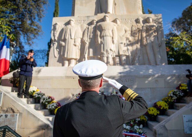 TOULON, France (Nov. 11, 2022) Vice Adm. Thomas Ishee, commander, U.S. Sixth Fleet, salutes after laying a wreath down in front of the war memorial in Toulon, France, during a wreath laying ceremony in commemoration of Armistice Day, Nov. 11, 2022. Roosevelt is on a scheduled deployment in the U.S. Naval Forces Europe area of operations, employed by U.S. Sixth Fleet to defend U.S., allied and partner interests. (U.S. Navy photo by Mass Communication Specialist 2nd Class Danielle Baker/Released)
