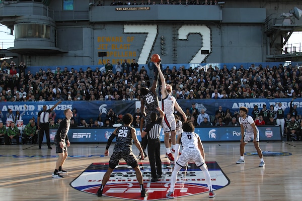 Gonzaga University and Michigan State University compete in the 2022 ESPN Armed Forces Classic – Carrier Edition, aboard USS Abraham Lincoln (CVN 72) at Naval Air Station North Island.