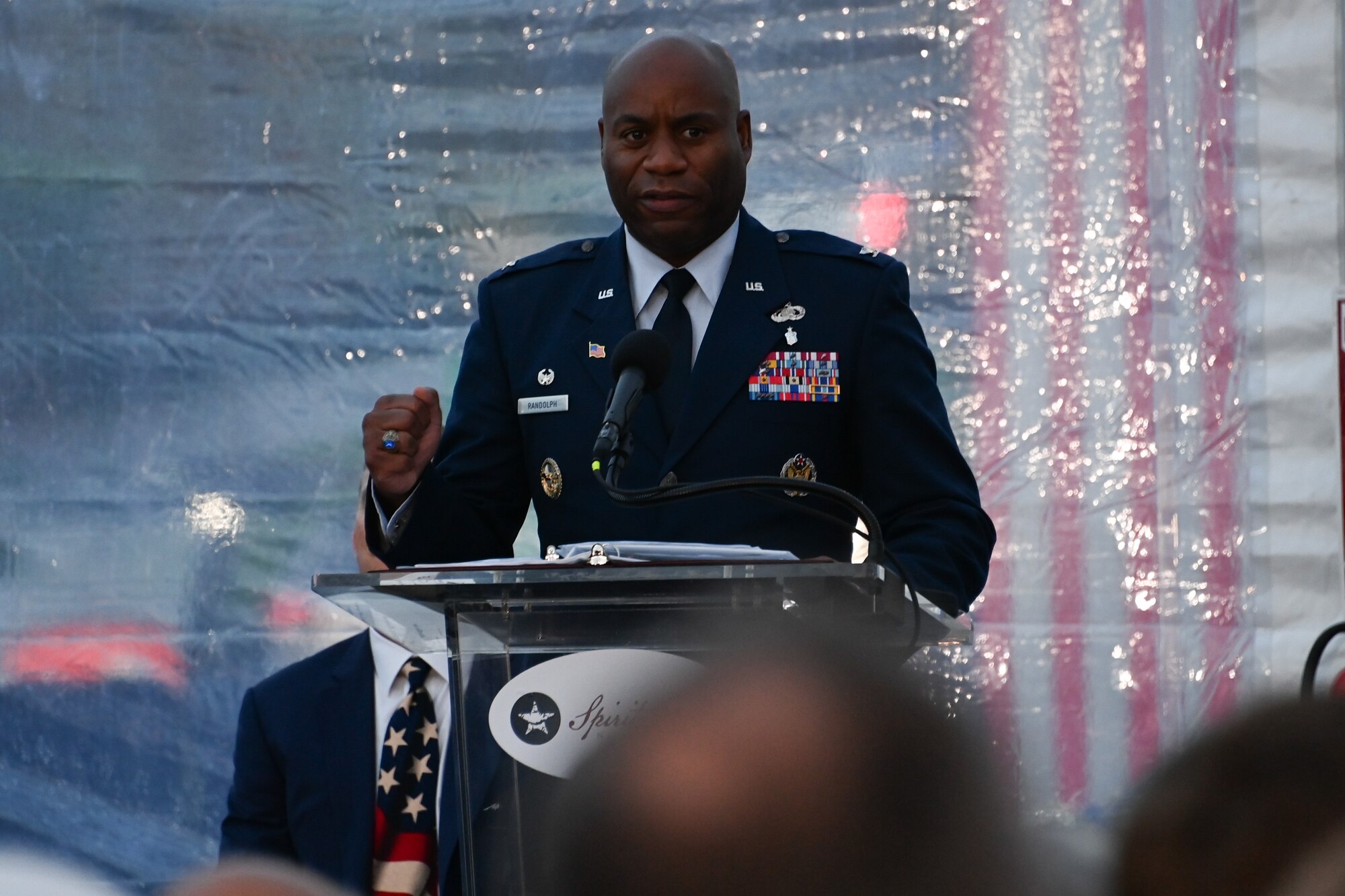 Col. Todd E. Randolph, 316th Wing and installation commander, delivers remarks at the opening of Spirit Park in National Harbor, Md., Nov. 11, 2022. 13 flags were transported to the National Harbor from their original locations through multiple modes of transportation such as a boat, swimming, running and cycling. (U.S. Air Force photo by Staff Sgt. Spencer Slocum)