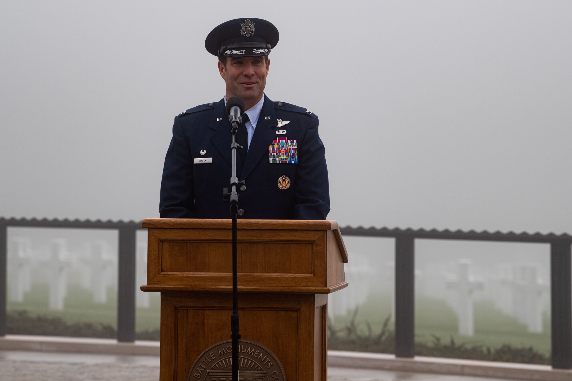 Col. Leslie Hauck, 52nd Fighter Wing commander, delivers a speech during a Veterans Day ceremony