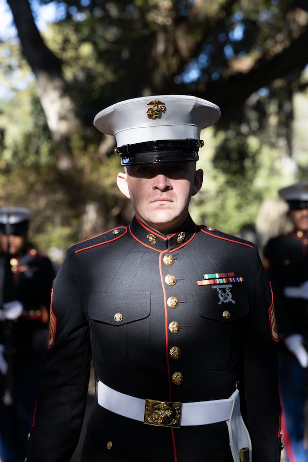 U.S. Marine Corps Staff Sgt. Timothy Brown, a Marine with Truck Company, 23rd Marine Regiment, 4th Marine Division, prepares his Marines to render a 21-gun salute during a wreath laying ceremony on Nov. 10, 2022 at Grace Episcopal Church in Saint Francisville, Louisiana. The ceremony is an annual event that takes place on the Marine Corps birthday at Gen. Robert H. Barrow's gravesite, who served as the 27th Commandant of the Marine Corps. Staff Sgt. Brown, a native of Metairie, LA, graduated from East Jefferson High School and enlisted in the Marine Corps to travel while serving his nation. (U.S. Marine Corps photo by Staff Sgt. Jestin Costa)