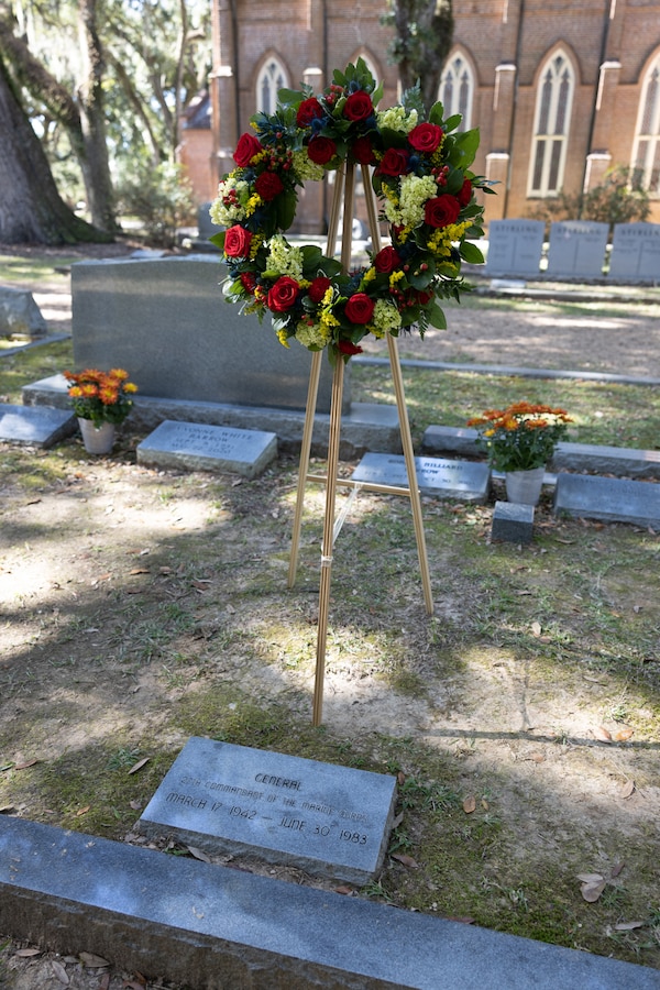 U.S. Marine Corps Capt. Kristopher Penton, right, and 1st Sgt. Steven Norman, sight support 1st Sgt. with Truck Company, 23rd Marine Regiment, 4th Marine Division, left, place a wreath on Gen. Robert H. Barrow’s grave during a cake cutting and wreath laying ceremony on Nov. 10, 2022 at Grace Episcopal Church in Saint Francisville, Louisiana. The ceremony is an annual event that takes place on the Marine Corps birthday at Gen. Robert H. Barrow's gravesite, who served as the 27th Commandant of the Marine Corps. (U.S. Marine Corps photo by Staff Sgt. Jestin Costa)
