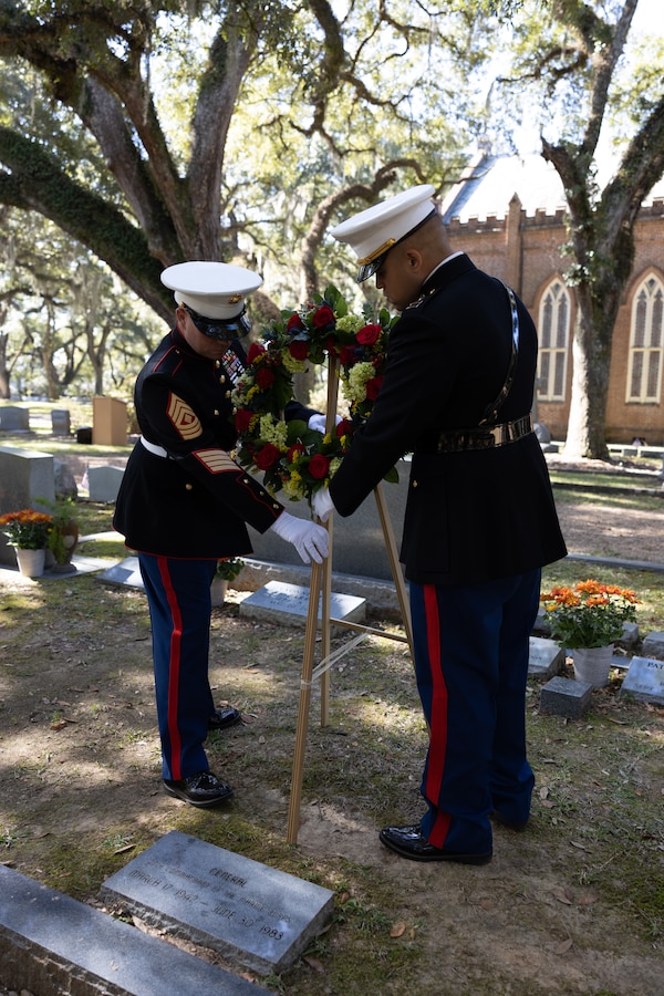 U.S. Marine Corps Capt. Kristopher Penton, right, and 1st Sgt. Steven Norman, sight support 1st Sgt. with Truck Company, 23rd Marine Regiment, 4th Marine Division, left, place a wreath on Gen. Robert H. Barrow’s grave during a cake cutting and wreath laying ceremony on Nov. 10, 2022 at Grace Episcopal Church in Saint Francisville, Louisiana. The ceremony is an annual event that takes place on the Marine Corps birthday at Gen. Robert H. Barrow's gravesite, who served as the 27th Commandant of the Marine Corps. (U.S. Marine Corps photo by Staff Sgt. Jestin Costa)