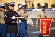 New U.S. Marines with Hotel Company, 2nd Recruit Training Battalion, conduct a pass in review during a graduation ceremony at Marine Corps Recruit Depot San Diego, Nov. 9, 2022.