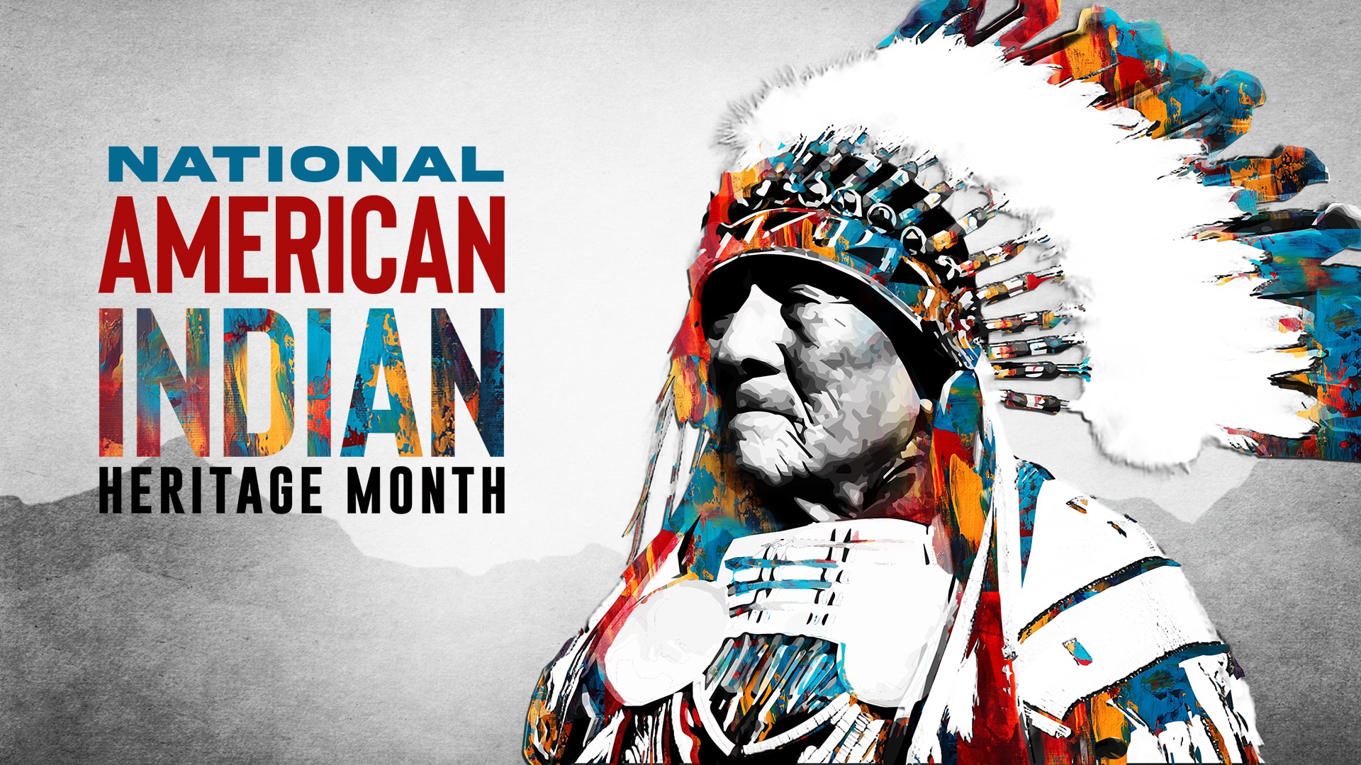 The 2022 Department of Defense NAIHM poster is focused on U.S. Army Technician 5th Grade Joseph Medicine Crow, the last Crow War Chief. Crow is artistically represented on the poster in traditional Crow war bonnet and clothing made of leather, animal fur, beads, bones, and eagle feathers.