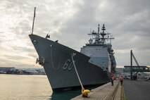 The Ticonderoga-class guided-missile cruiser USS Normandy (CG 60) moors in its namesake region of France while underway as part of the Gerald R. Ford Carrier Strike Group, Nov. 14, 2022. The first-in-class aircraft carrier USS Gerald R. Ford (CVN 78) is on its inaugural deployment conducting training and operations alongside NATO Allies and partners to enhance integration for future operations and demonstrate the U.S. Navy’s commitment to a peaceful, stable and conflict-free Atlantic region. (U.S. Navy photo by Mass Communication Specialist 2nd Class Malachi Lakey)