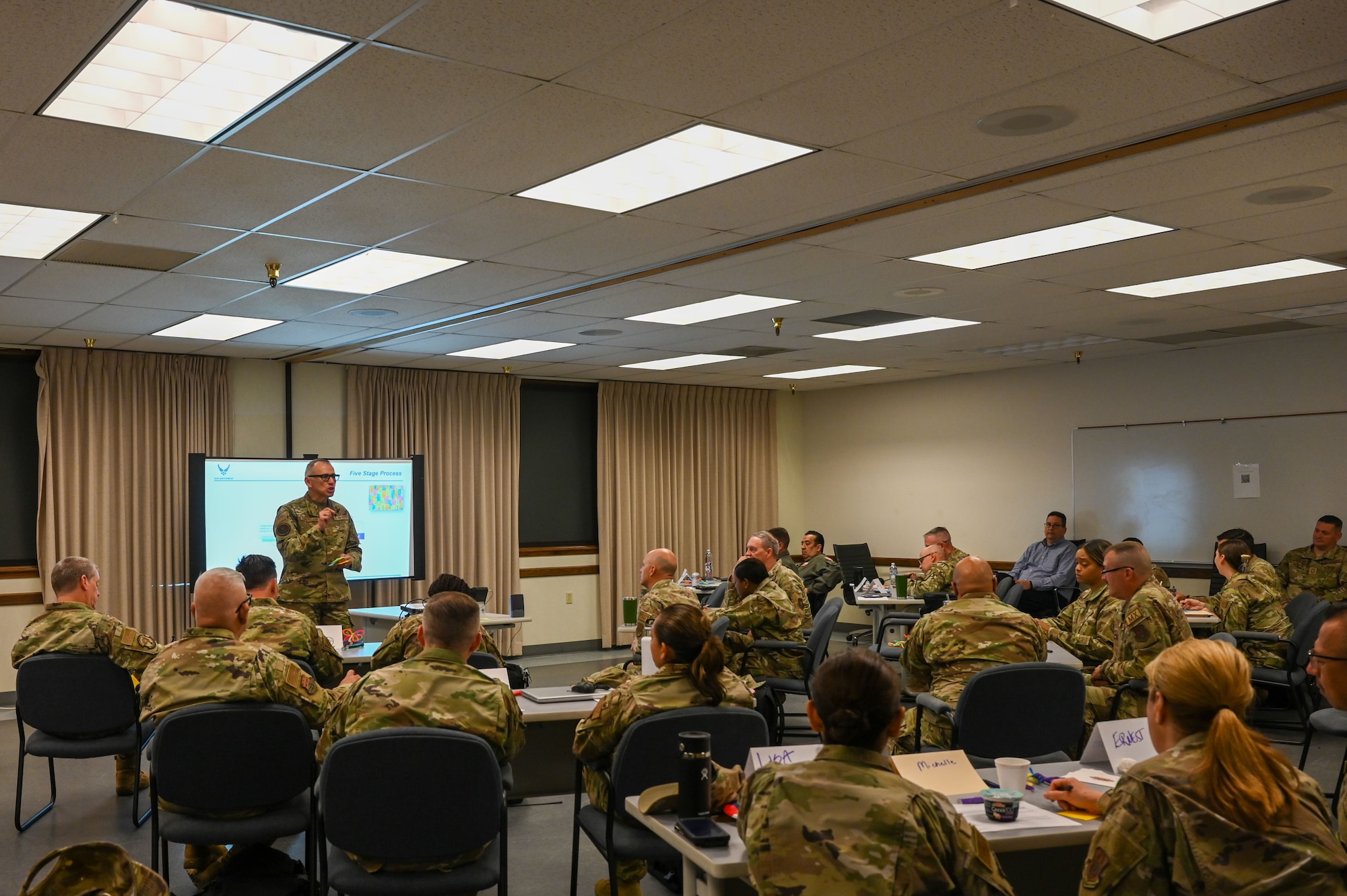 Commanders, senior enlisted leaders and first sergeants across the 433rd Airlift Wing listen to a brief during the Triad Summit hosted by Air Force Reserve Command at Joint Base San Antonio-Lackland, Texas, Nov. 3, 2022. The two-day event covered a variety of topics with activities focused on understanding each component of the triad and personal development. The Triad Summit was the first of its kind at the 433rd AW and served as professional development for those who collaborate in leadership positions; ensuring the unit meets mission requirements. (U.S. Air Force photo by Staff Sgt. Adriana Barrientos)