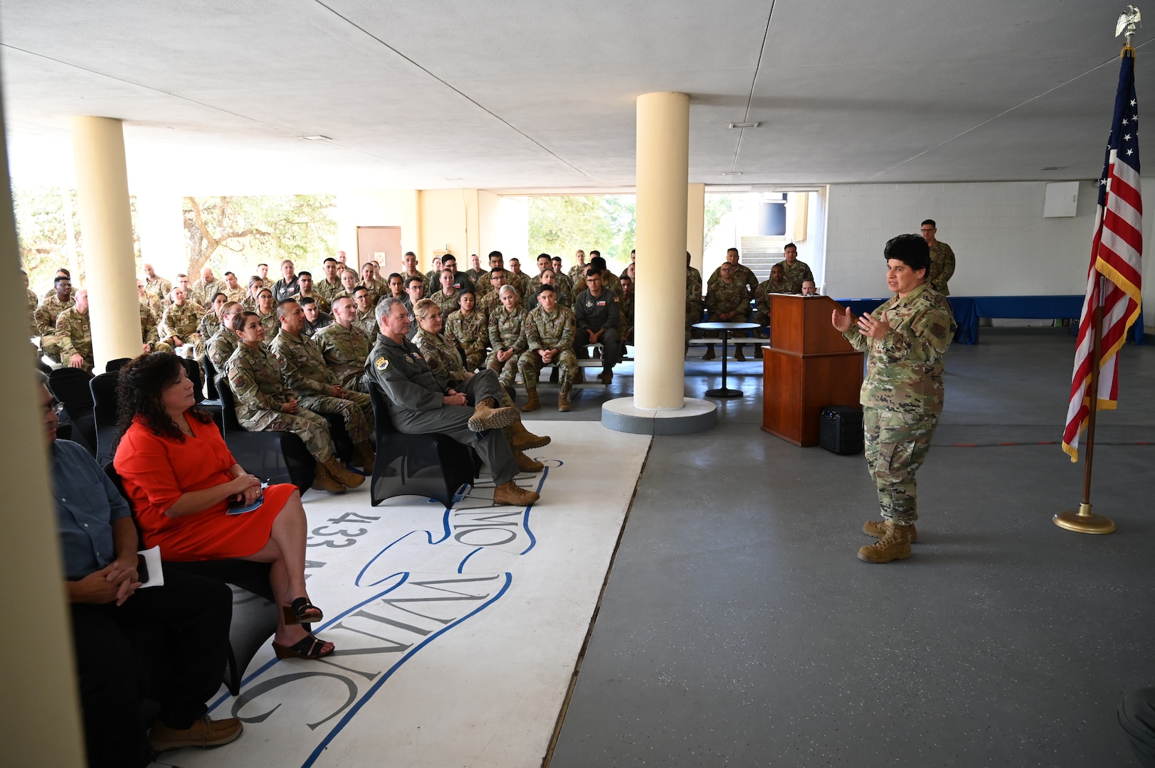 Col. Sylvia Fernandez speaks during an assumption of command ceremony at Joint Base San Antonio-Lackland, Texas, Nov. 5, 2022, where she assumed command of the 433rd Aeromedical Evacuation Squadron. The 433rd AES provides aeromedical evacuation support when events like natural disasters and conflict occur, or anytime routine medical transportation by air is required. (U.S. Air Force photo by Tech. Sgt. Mike Lahrman)