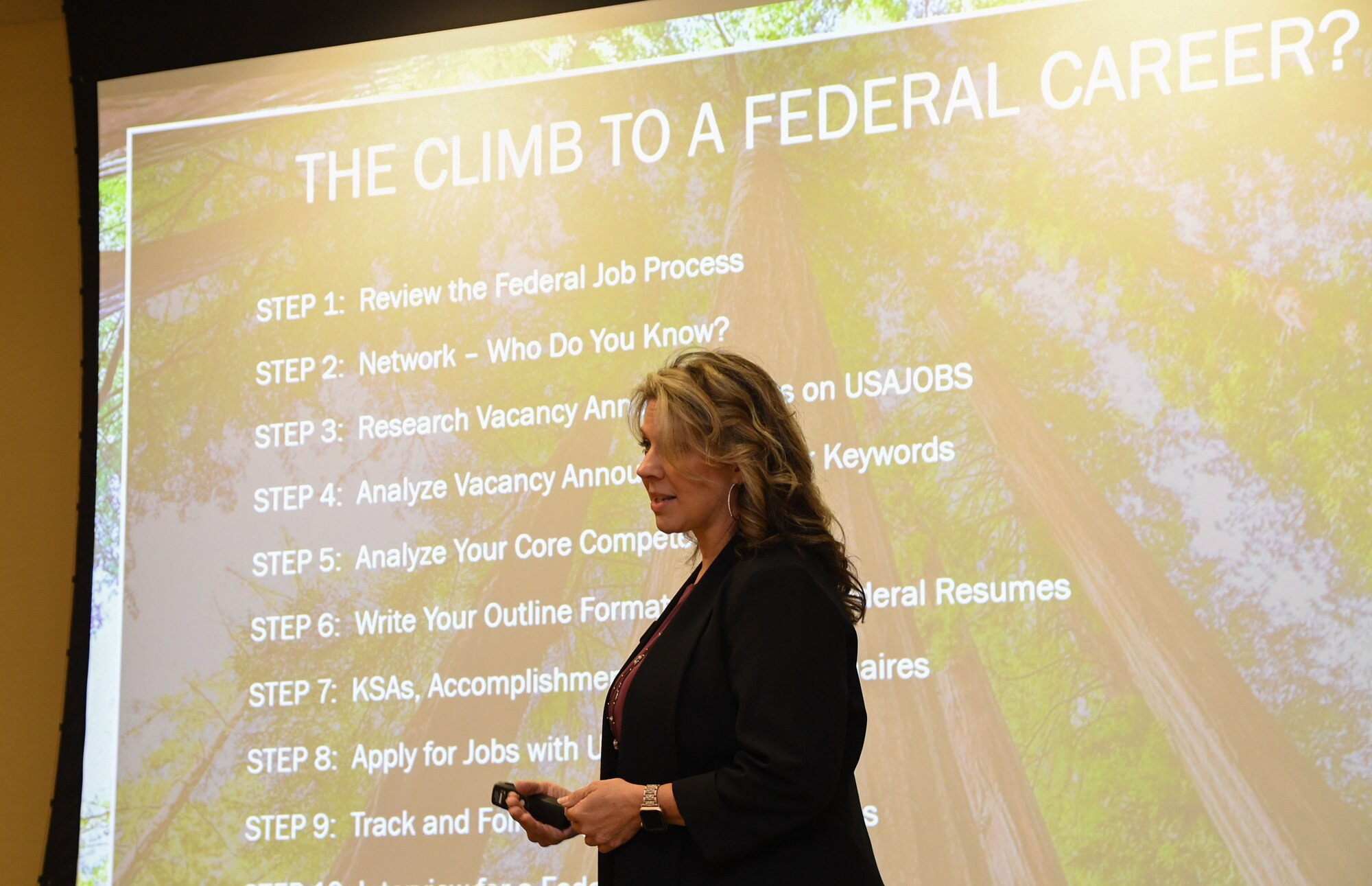 Holly Fisher, 81st Force Support Squadron work-life specialist, teaches a resume writing class during the Keesler Job Fair inside the Bay Breeze Event Center at Keesler Air Force Base, Mississippi, Nov. 14, 2022.