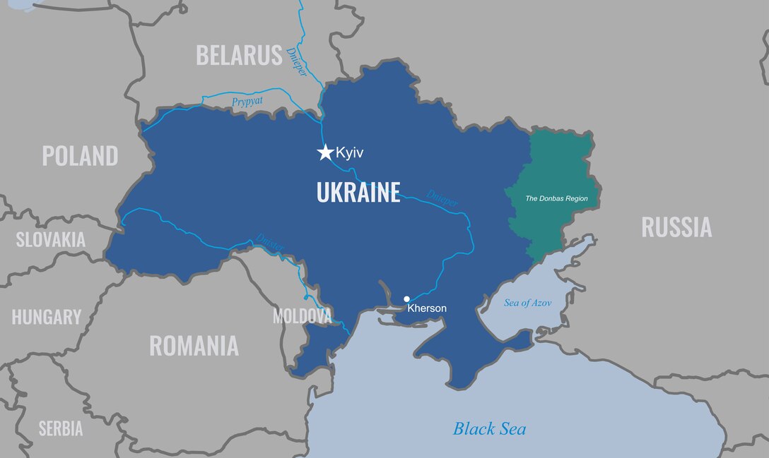 A map of Ukraine highlights both Kyiv and Kherson.