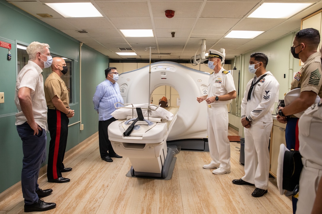 CARTAGENA, Colombia (Nov. 12, 2022) Lt. Gen. David Bellon, commander, U.S. Marine Forces South and U.S. Marine Forces Reserve and Mr. Francisco Palmieri, Charge d’ Affaires in Colombia, take a tour of hospital ship USNS Comfort (T-AH 20) during Continuing Promise 2022, in Cartagena, Colombia on Nov. 12, 2022.