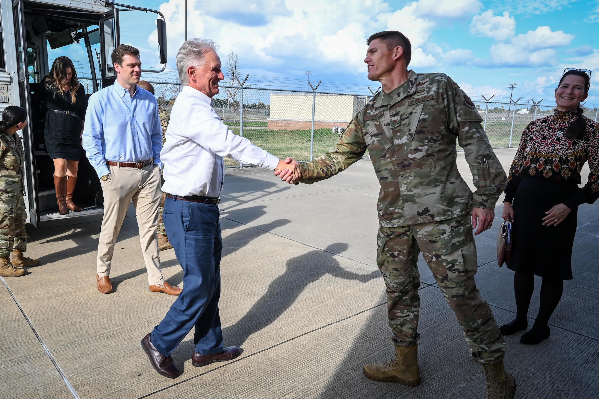 U.S. Air Force Col. Scott Weyermuller, 2nd Bomb Wing commander, greets Mr. Chip Layton, Congressman Mike Johnson’s deputy chief of staff for his Bossier, La. Office, at Barksdale Air Force Base, Louisiana, Nov. 7, 2022.