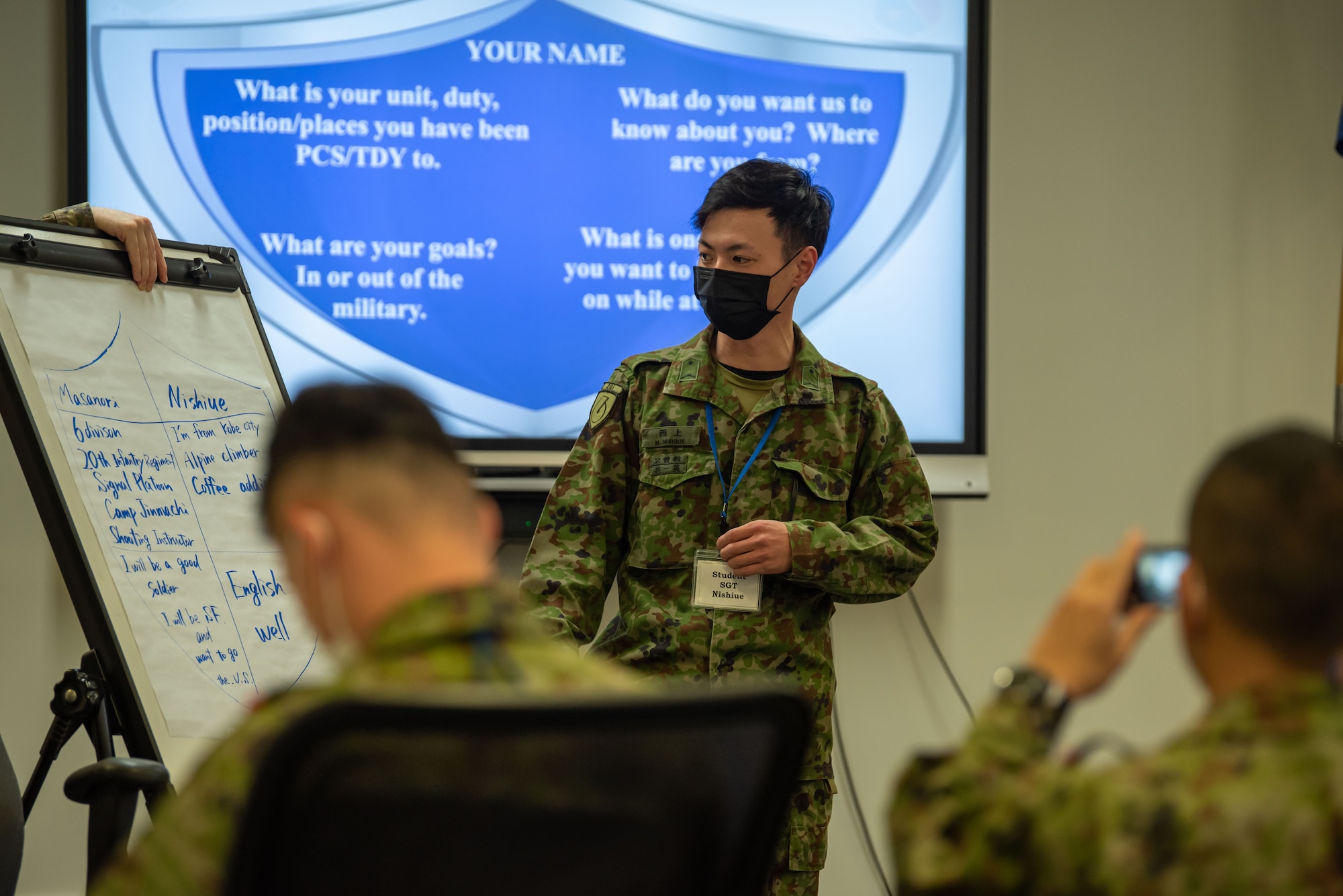 Japan Ground Self-Defense Force (JGSDF) Sgt. Masanori Nishiue, 20th Infantry Regiment radio operator, speaks about himself for an icebreaker event during Camp Sendai’s Basic English Training Course tour of the Airman Leadership School at Misawa Air Base, Japan, Nov. 8, 2022.
