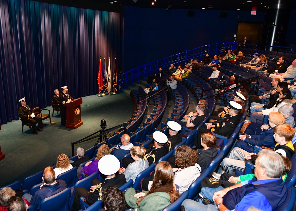 Rear Adm. Nancy Lacore, commandant, Naval District Washington, delivers remarks to guests during a Veterans Day wreath laying ceremony at the United States Navy Memorial, November 11, 2022.