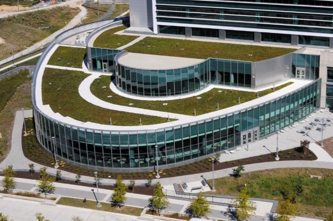 Green infrastructure can be found across the East Campus, including the Morrison Center green roof pictured here, which helps lower energy costs.
