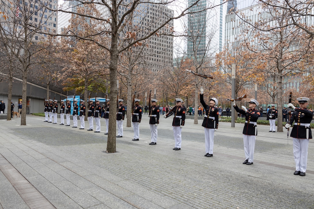 A line of Marines in dress uniform perform a drill.