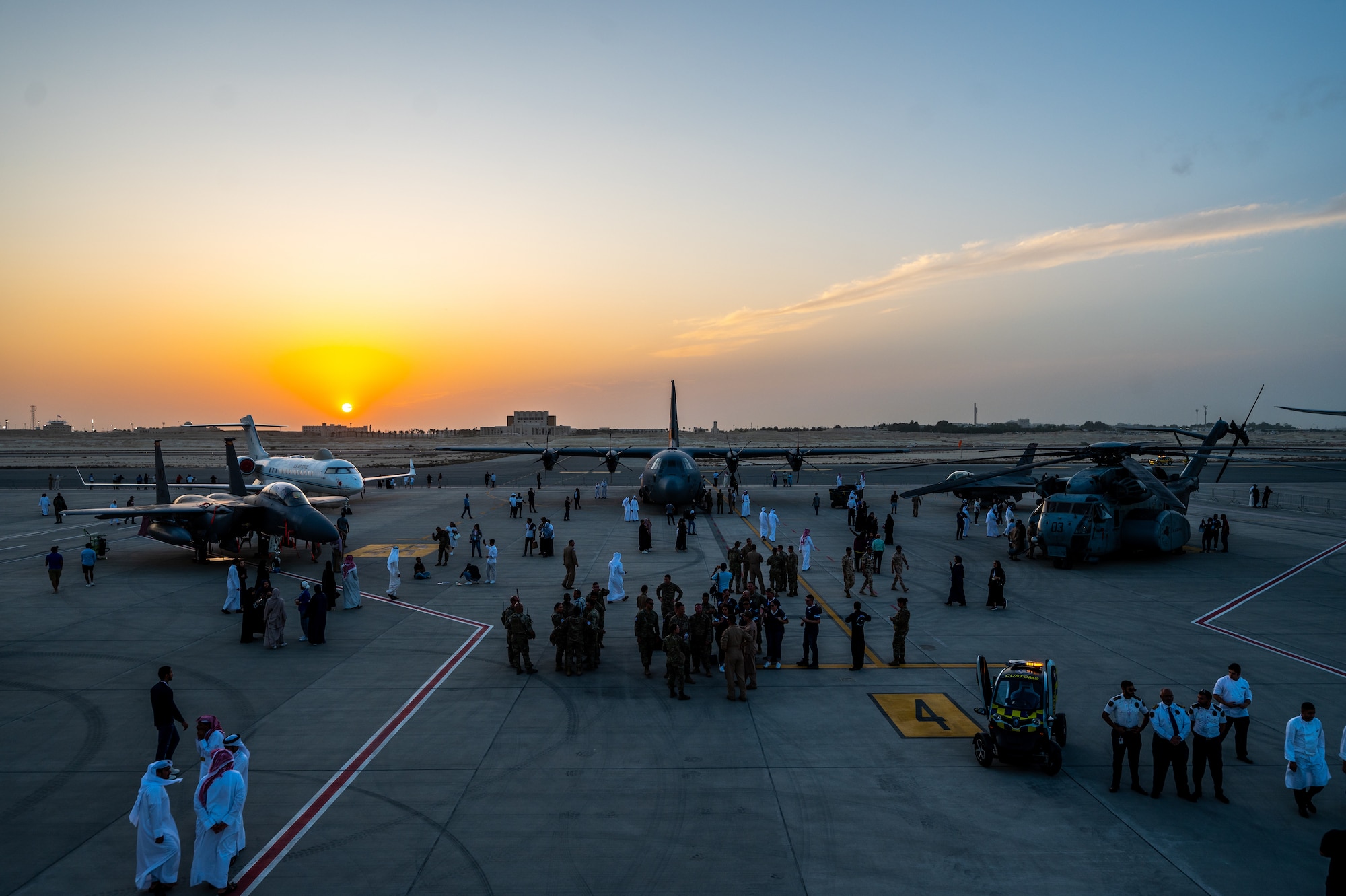 Patrons visit the U.S. aircraft static display pad during the Bahrain International Airshow (BIAS), at Sakhir Airbase, Nov. 10, 2022.  U.S. participation in BIAS cultivates partnerships and capabilities with military members from regional partner nations, and ensures we share a common framework with industry professionals. (U.S. Air Force photo by Staff Sgt. Jermaine Ayers)