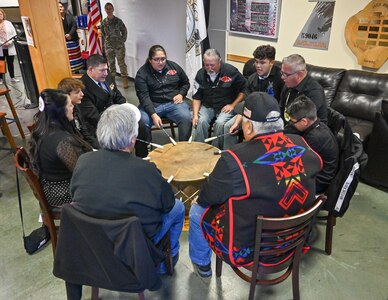 The Klamath Tribes performed a drum circle, a traditional event dating back several thousand years, during a ceremony in honor of American Indian Heritage Month at Kingsley Field in Klamath Falls, Ore., Nov. 6, 2022.