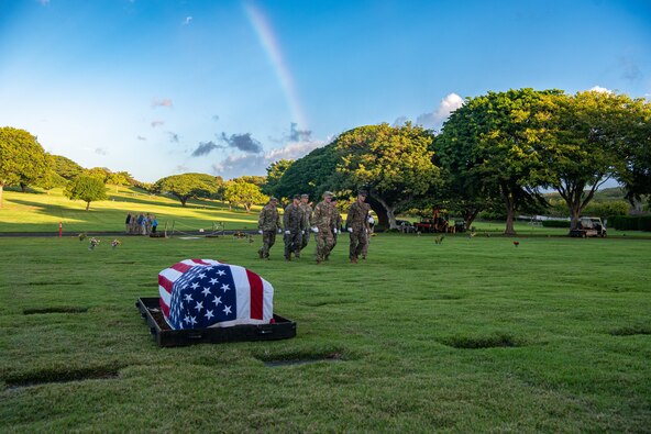 Members of the Defense POW/MIA Accounting Agency (DPAA) participate in a disinterment ceremony at the National Memorial Cemetery of the Pacific, Honolulu, Hawaii, Nov. 7, 2022. The ceremony was part of DPAA’s efforts to disinter the remains of unknown servicemembers lost during the Korean War for possible identification. DPAA’s mission is to achieve the fullest possible accounting for missing and unaccounted-for U.S. personnel to their families and the nation. (U.S. Army photo by Staff Sgt. John Miller)