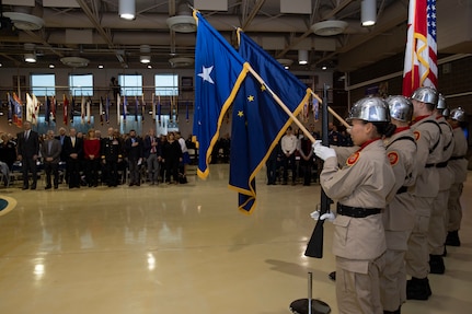 Cadets of the Alaska Military Youth Academy color guard post the colors during the Department of Military and Veterans Affairs Veterans Day ceremony held at the National Guard Armory on Joint Base Elmendorf-Richardson, Alaska, Nov. 11, 2022. The ceremony included speeches from key speakers, Fallen Warrior ceremony, presentation of commemorative wreaths, and moment of silence for those who have fallen. (Alaska National Guard photo by Victoria Granado)