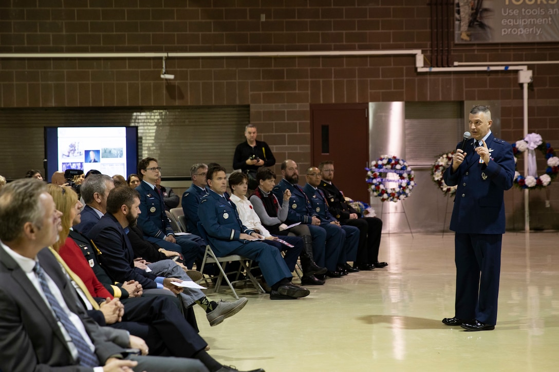 Maj. Gen. Torrence Saxe, adjutant general of the Alaska National Guard and deputy commissioner of the Department of Military and Veterans Affairs, spoke about noteworthy Alaska veterans during the DMVA Veterans Day ceremony held at the National Guard Armory on Joint Base Elmendorf-Richardson, Alaska, Nov. 11, 2022. The ceremony included speeches from key speakers, Fallen Warrior ceremony, presentation of commemorative wreaths, and moment of silence for those who have fallen. (Alaska National Guard photo by Victoria Granado)