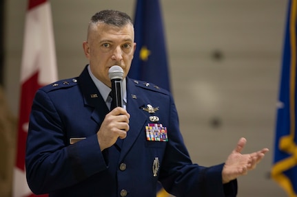 Maj. Gen. Torrence Saxe, adjutant general of the Alaska National Guard and deputy commissioner the Department of Military and Veterans Affairs, speaks an on the importance of honoring the accomplishments and sacrifices of those who came before during the DMVA Veterans Day ceremony held at the National Guard Armory on Joint Base Elmendorf-Richardson, Alaska, Nov. 11, 2022. The ceremony included speeches from key speakers, Fallen Warrior ceremony, presentation of commemorative wreaths, and moment of silence for those who have fallen. (Alaska National Guard photo by Victoria Granado)