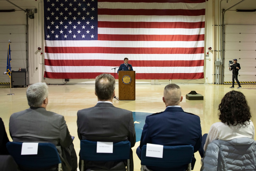 Canadian Armed Forces Brig. Gen. William Radiff, North American Aerospace Defense Command Region deputy commander, speaks on the partnership between the two nations and the common desire to honor veterans during the Department of Military and Veterans Affairs Veterans Day ceremony held at the National Guard Armory on Joint Base Elmendorf-Richardson, Alaska, Nov. 11, 2022. The ceremony included speeches from key speakers, Fallen Warrior ceremony, presentation of commemorative wreaths, and moment of silence for those who have fallen. (Alaska National Guard photo by Victoria Granado)