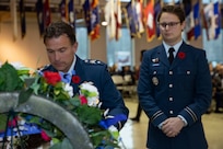 Canadian Armed Forces Brig. Gen. William Radiff, North American Aerospace Defense Command Region deputy commander, places a commemorative wreath to honor veterans during the Department of Military and Veterans Affairs Veterans Day ceremony held at the National Guard Armory on Joint Base Elmendorf-Richardson, Alaska, Nov. 11, 2022. The ceremony included speeches from key speakers, Fallen Warrior ceremony, presentation of commemorative wreaths, and moment of silence for those who have fallen. (Alaska National Guard photo by Victoria Granado)