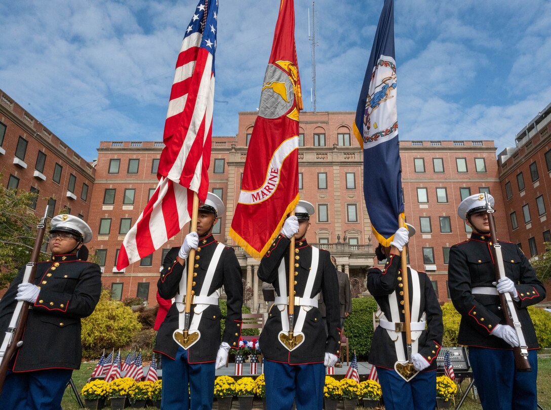 Members from the Phoebus High School Junior Reserve Officers Training Corps present the colors for the Veterans Day ceremony at Hampton VA Medical Center, Virginia, Nov. 10, 2022.