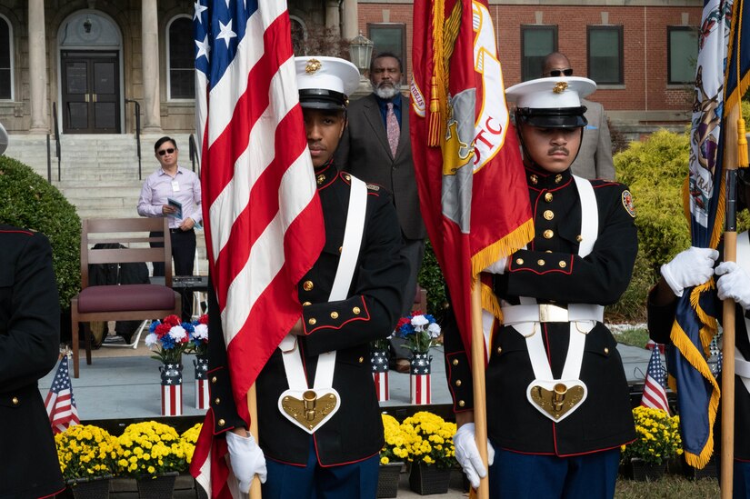 Members from the Phoebus High School Junior Reserve Officers Training Corps retire the colors during the Veterans Day ceremony at Hampton VA Medical Center, Virginia, Nov. 10, 2022.