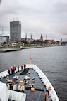 The Legend-class national security cutter USCGC Hamilton (WMSL 753) arrives in Riga, Latvia for a scheduled port visit, Nov. 15, 2022. Hamilton is on a scheduled deployment in the U.S. Naval Forces Europe area of operations, employed by U.S. Sixth Fleet, to defend U.S., allied and partner interests.