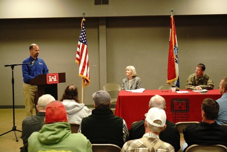 Dru Buntin (left), Missouri Department of Natural Resources director, speaks to partners, along with Carla Markt, Holt County Commissioner 1st District (middle), and Col. Travis Rayfield (right), U.S. Army Corps of Engineers, Kansas City District commander, during a Feasibility Cost Share Agreement signing ceremony for a feasibility study in Holt County on Nov. 15, 2022, in Mound City, Missouri. Photo by Ben Nickelson, Missouri Department of Natural Resources.