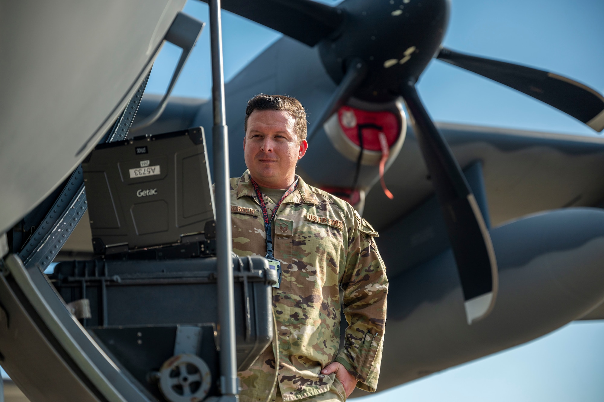 US Air Force Master Sergeant Aaron Cordroch, wing avionics manager with the 1st Special Operations Maintenance Group, is one of two finalists in the 2022 Air Force Special Operations Command Spark Tank competition for his proposed Advanced Maintenance and Troubleshooting Suite, AMATS, software which provides access to aircraft data, November 8, 2022. Spark Tank is an annual AFSOC competition in which Airmen submit innovative and groundbreaking ideas that they have created to embrace change and modernize the future of the force. (U.S. Air Force photo by Staff Sgt. Caleb Pavao)