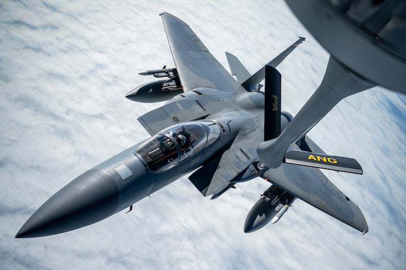 Under the direction of the North American Aerospace Defense Command (NORAD), an F-15 assigned to the Massachusetts Air National Guard conducts air-to-air refueling from a KC-135 assigned to the Pennsylvania Air National Guard during air-defense Operation NOBLE DEFENDER, Oct. 27, 2022.