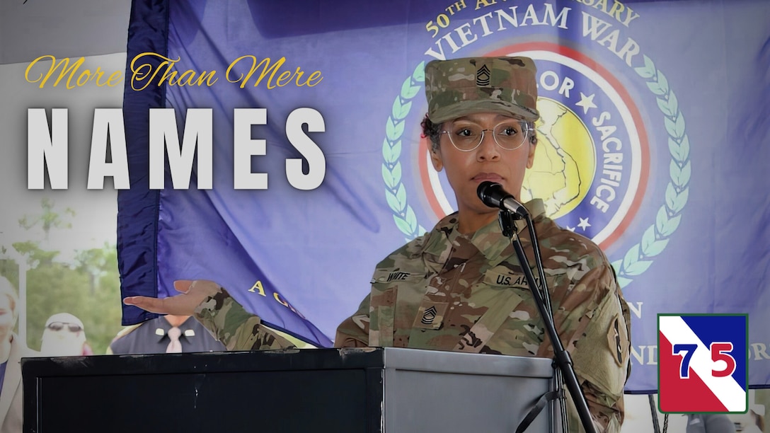 Master Sgt. Kisha S. White, military equal opportunity advisor, 75th Innovation Command, U.S. Army Reserve, addresses more than 800 veterans, families, volunteers, and special guests during the closing ceremony of the Wall That Heals - Chambers County exhibit Oct. 30, 2022, in Anahuac, Texas. White, a 29-year Army veteran, was invited by the Vietnam War Memorial Fund to serve as keynote speaker for this event that attracted more than 4,500 visitors over the course of four days. White recognized the 58,281 men and women who made the ultimate sacrifice in Vietnam while thanking veterans from that war for their courage and dedication despite the negative reception many received upon their return to the U.S. (photo courtesy of Wall That Heals - Chamber County)