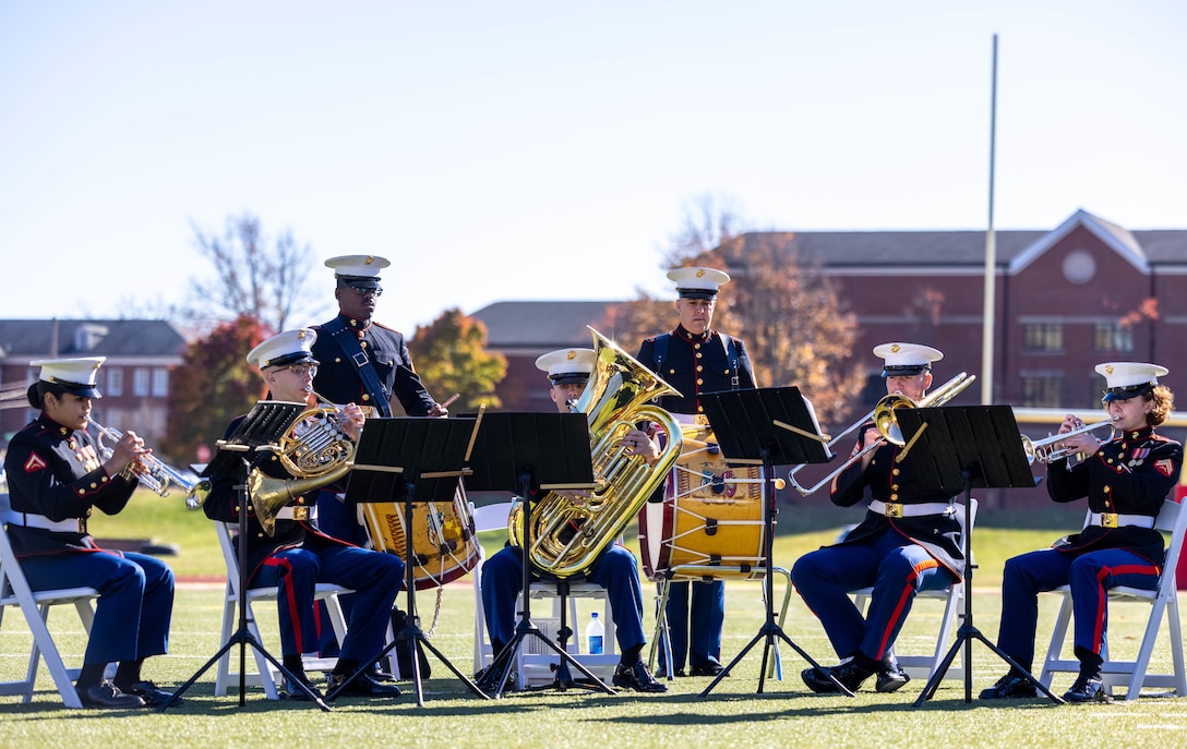 U.S. Marines with Marine Corps Base Quantico Band perform at MCBQ’s cake cutting ceremony in honor of the 247th Marine Corps Birthday at Butler Stadium on MCBQ, Virginia, Nov. 9, 2022. The annual cake cutting ceremony is a long-standing tradition which celebrates the establishment of the United States Marine Corps. The Marine Corps birthday is celebrated every year to commemorate the birth of the Corps and honor the service and sacrifices of all Marines, past and present. (U.S. Marine Corps photo by Cpl. Eric Huynh)