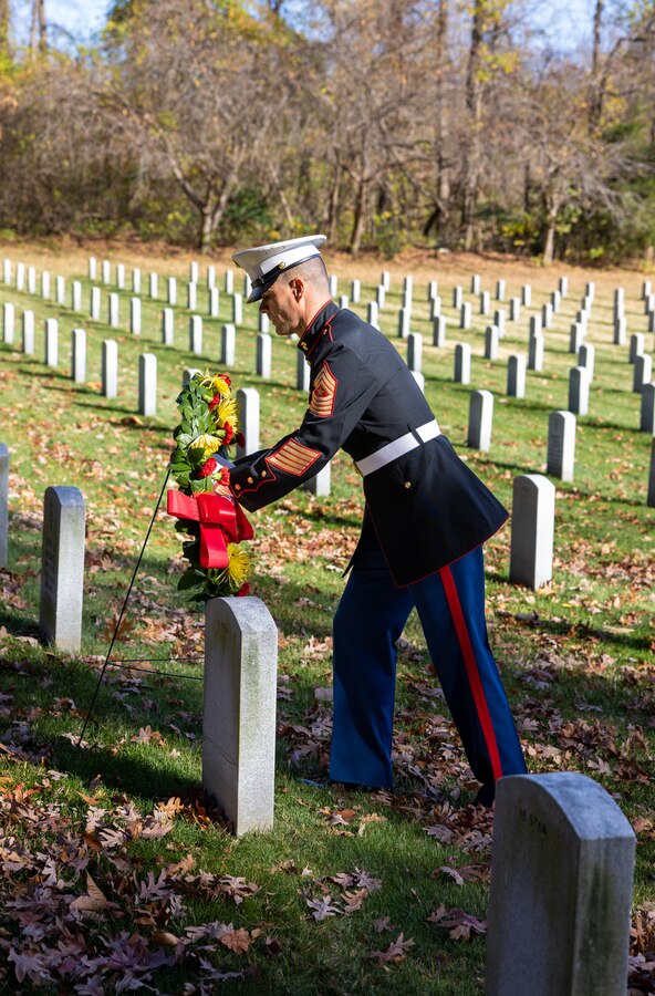 U.S. Marine Corps Sgt. Maj. Collin D. Barry, Marine Corps Base Quantico sergeant major, places a wreath by the headstone of Sgt. Maj. Henry H. Black, 7th Sergeant Major of the Marine Corps, during a wreath laying ceremony at the Quantico National Cemetery, Triangle, Virginia, Nov. 10, 2022. The ceremony is held annually on the Marine Corps birthday to honor the memory and military service of Sgt. Maj. Black. (U.S. Marine Corps Photo by Lance Cpl. Kayla LeClaire) (U.S. Marine Corps Photo by Lance Cpl. Kayla LeClaire)