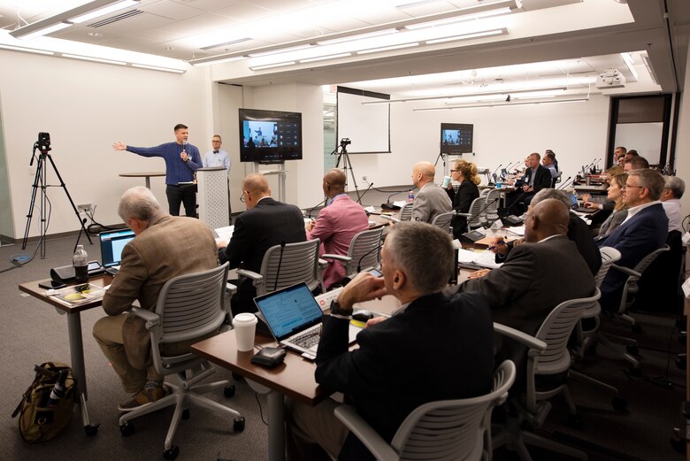 Lt. Col. Joseph Sahl, Nashville District commander, provides administrative notes as commander of the host district to participants during the U.S. Army Corps of Engineers Executive Governance Meeting Oct. 31, 2022, in Nashville Tennessee. (USACE Photo by Lee Roberts)