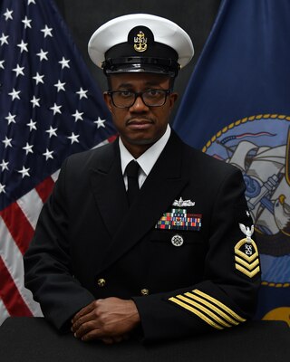 220515-N-JU575-2332 GREAT LAKES, Ill. (May 14, 2022) Official portrait of Senior Chief Boatswain’s Mate Christopher R. Collins. (U.S. Navy photo by Matt Mogle)
