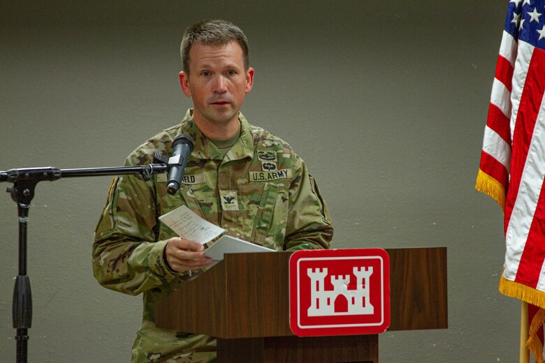 Col. Travis Rayfield, U.S. Army Corps of Engineers, Kansas City District commander, speaks during a signing ceremony for a Feasibility Cost Share Agreement (FCSA) alongside representatives from the State of Missouri and Holt County in Mound City, Missouri, on Nov. 15, 2022. | Photo by Reagan Zimmerman, Kansas City District Public Affairs