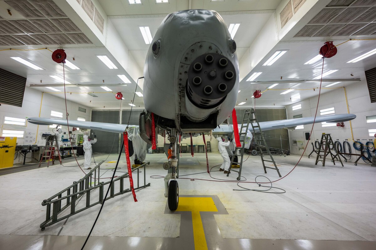A photo of an A-10 getting painted