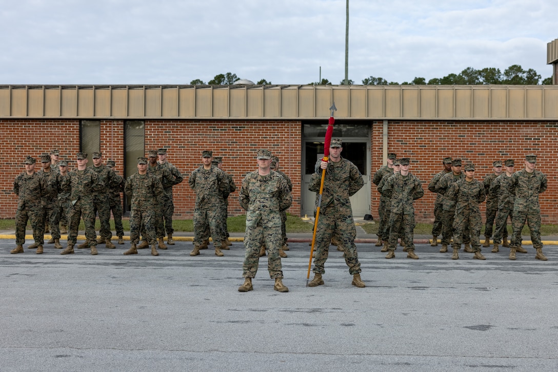 U.S. Marines with 2nd Low Altitude Air Defense Battalion (LAAD) stand in formation during a ceremony at Marine Corps Air Station Cherry Point, North Carolina, Nov. 9, 2022. 2nd LAAD activated an additional firing battery, increasing its number of personnel and equipment to improve the capability and lethality of their ground-based air-defense systems in accordance with Force Design 2030. 2nd LAAD is a subordinate unit of 2nd Marine Aircraft Wing, the aviation combat element of II Marine Expeditionary Force. (U.S. Marine Corps photo by Lance Cpl. Elias E. Pimentel III)