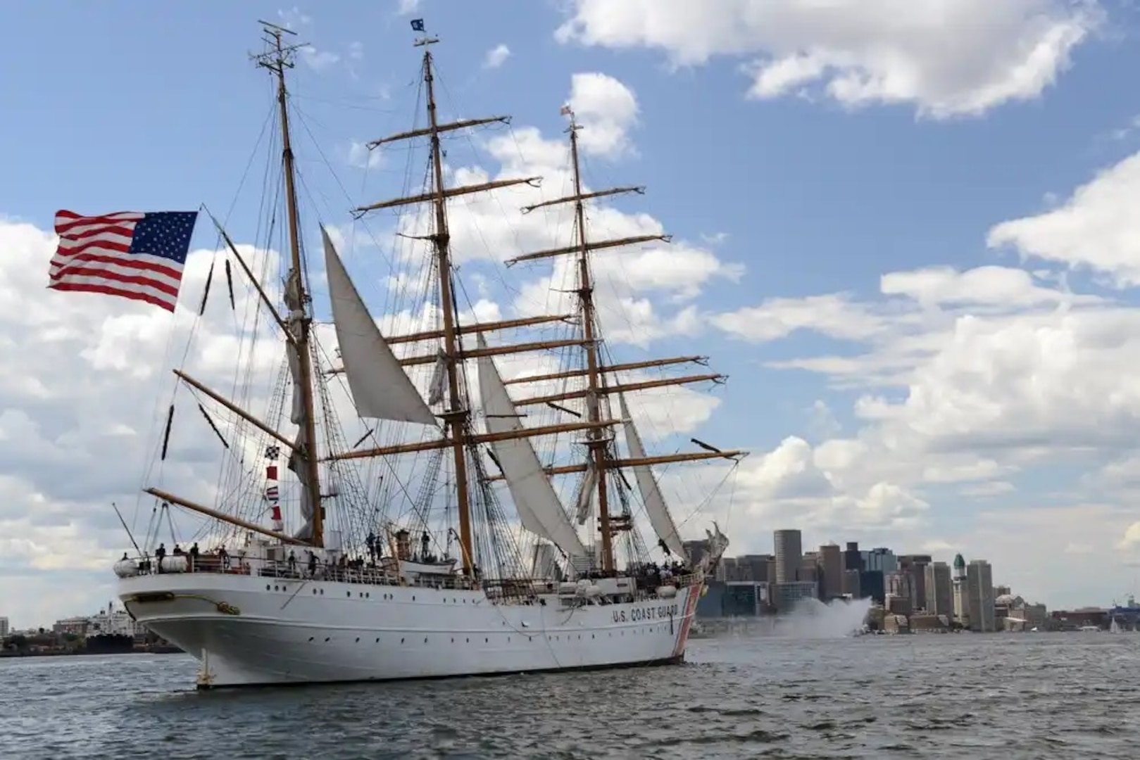 The Coast Guard Barque Eagle is in Boston Harbor, Thursday, July 23, 2015. The Eagle, operated by the pre-World War II German navy and taken as a war reparation by the U.S., is now a training ship where cadets and officer candidates learn leadership and practical seamanship skills. (U.S. photo by Petty Officer 2nd Class Cynthia Oldham)