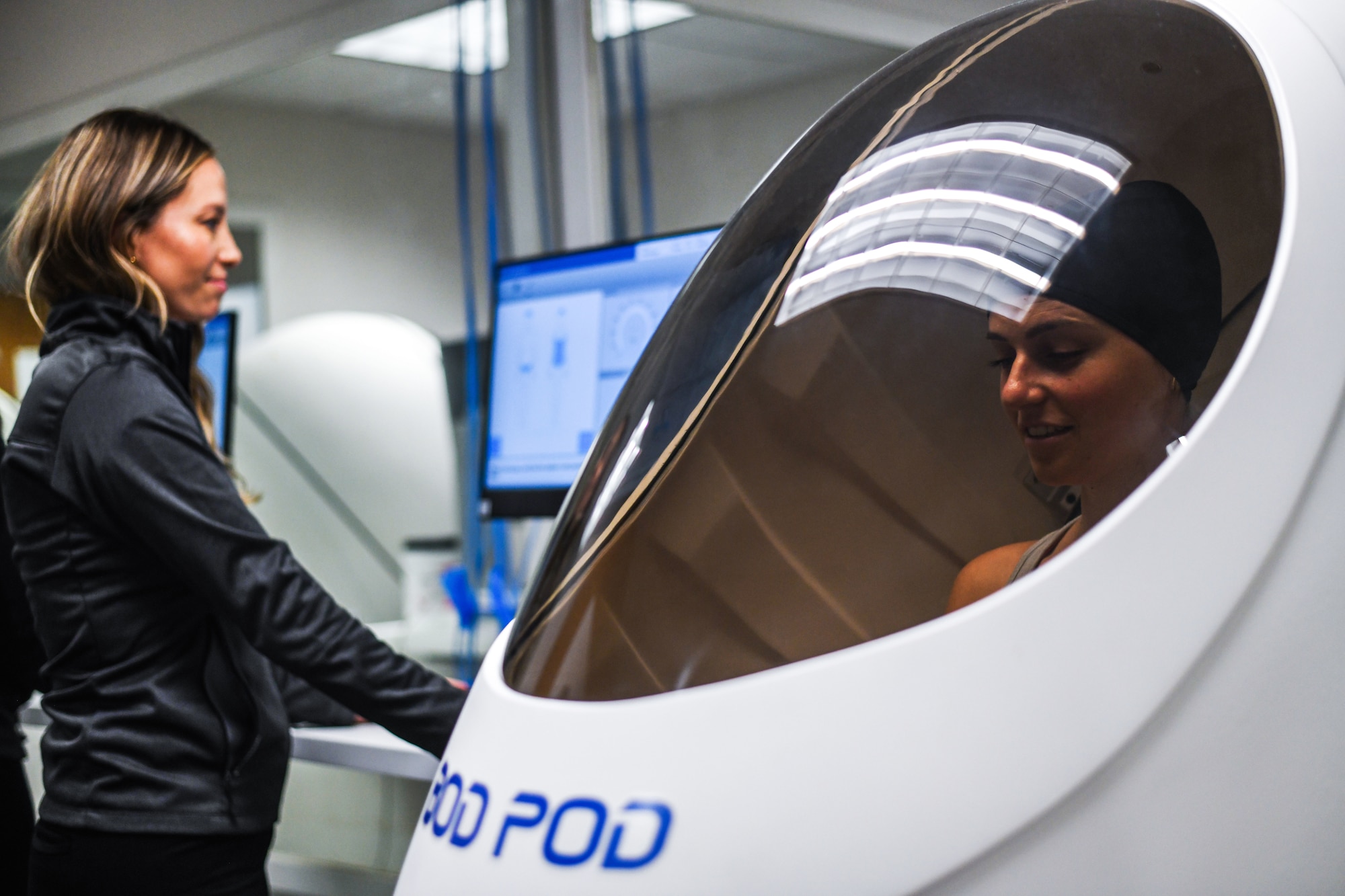 Katherine Villanueva staffs the computer outside the Bod Pod